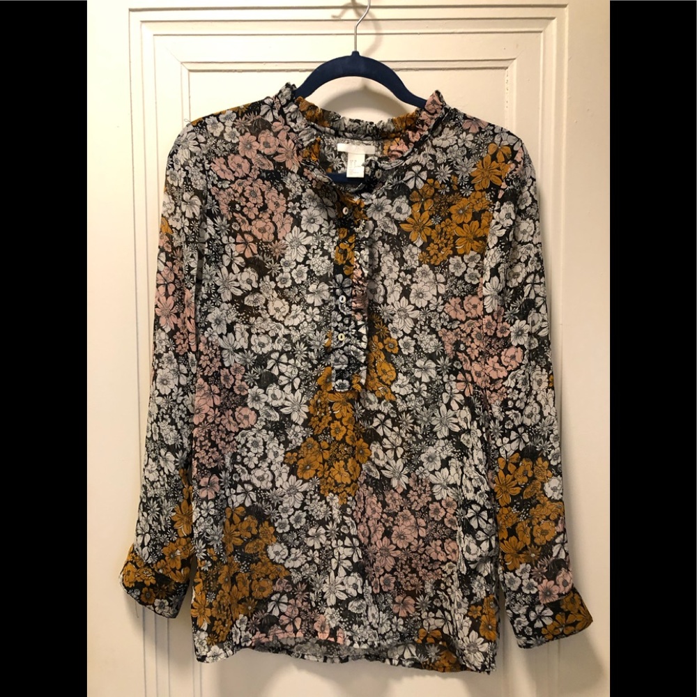 Sheer Henley button ruffle collar blouse